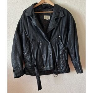 Winlit Black Leather Jacket Sz L Belted Snap Front Paisley Lined Oversize Grunge